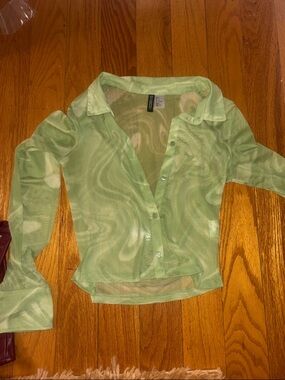 Sheer Light Green Mesh Button-Up Shirt